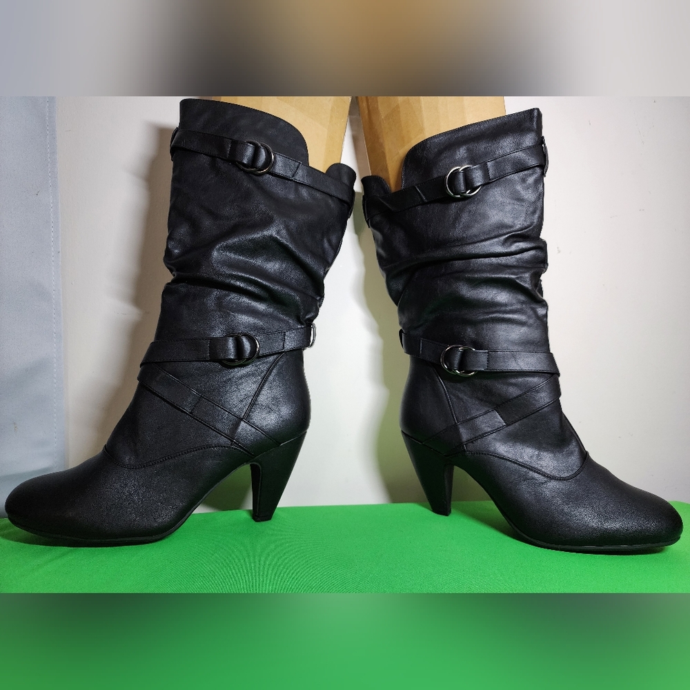 🔥Black Calf- High Hot Tomato Size 14W High Heels Boots With Zip Side New w/Box